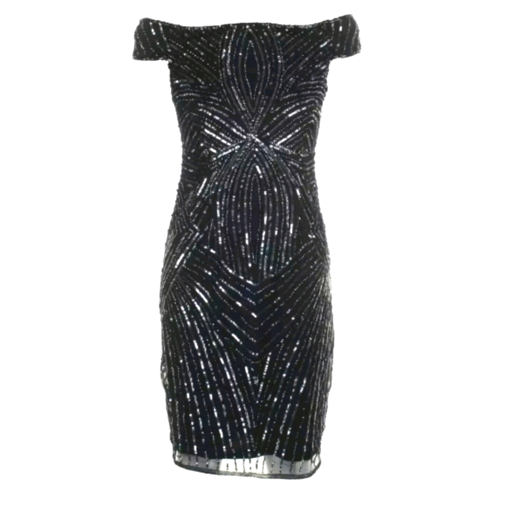 Adrianna Papell Navy Gunmetal Sequined Off-The-Sho